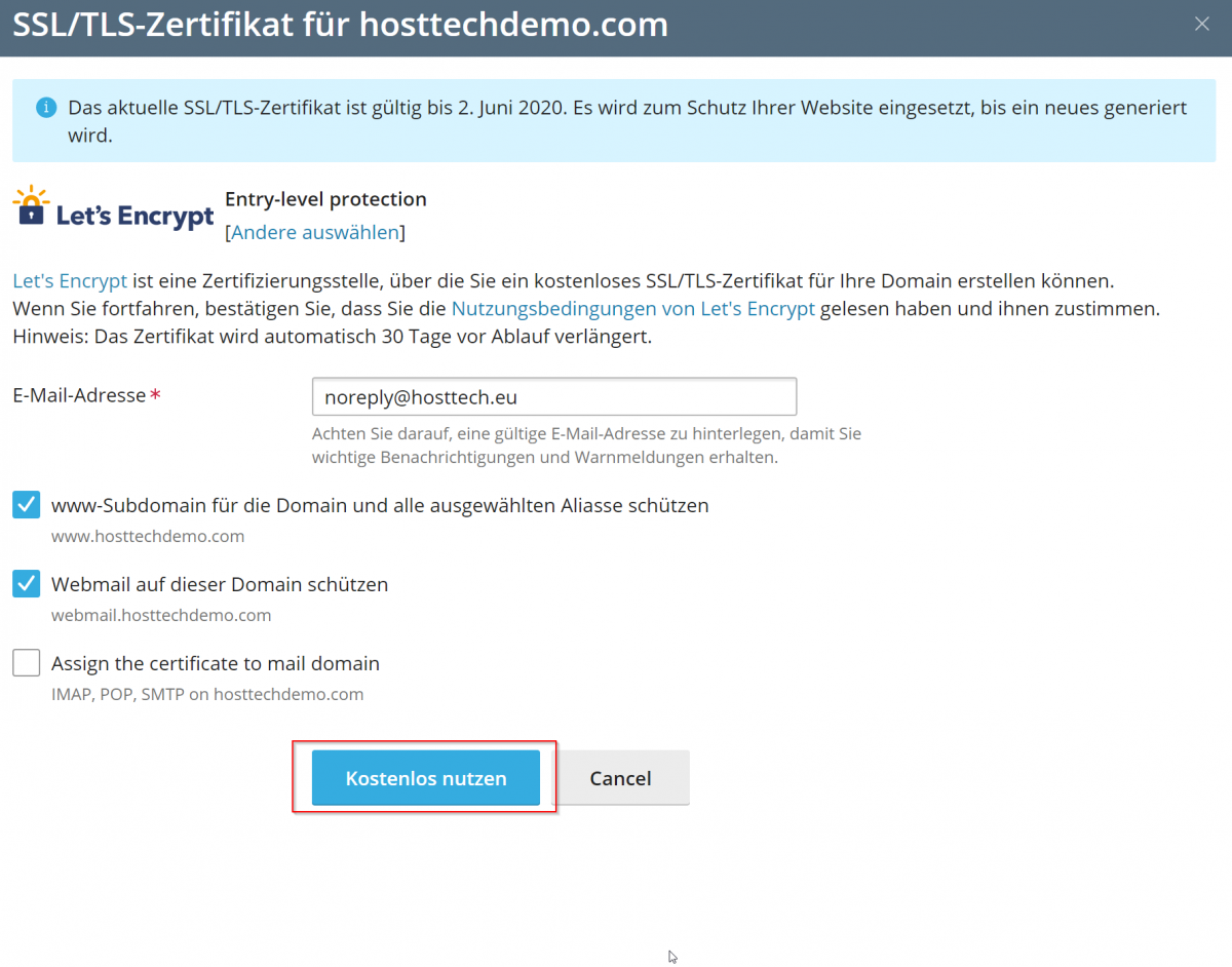Die Nutzung von Let's Encrypt ist kostenlos.